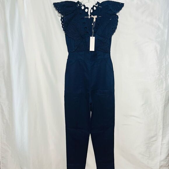 Rebecca Taylor Ariana Embroidered Eyelet Indigo Blue Jumpsuit 00 - Picture 1 of 16
